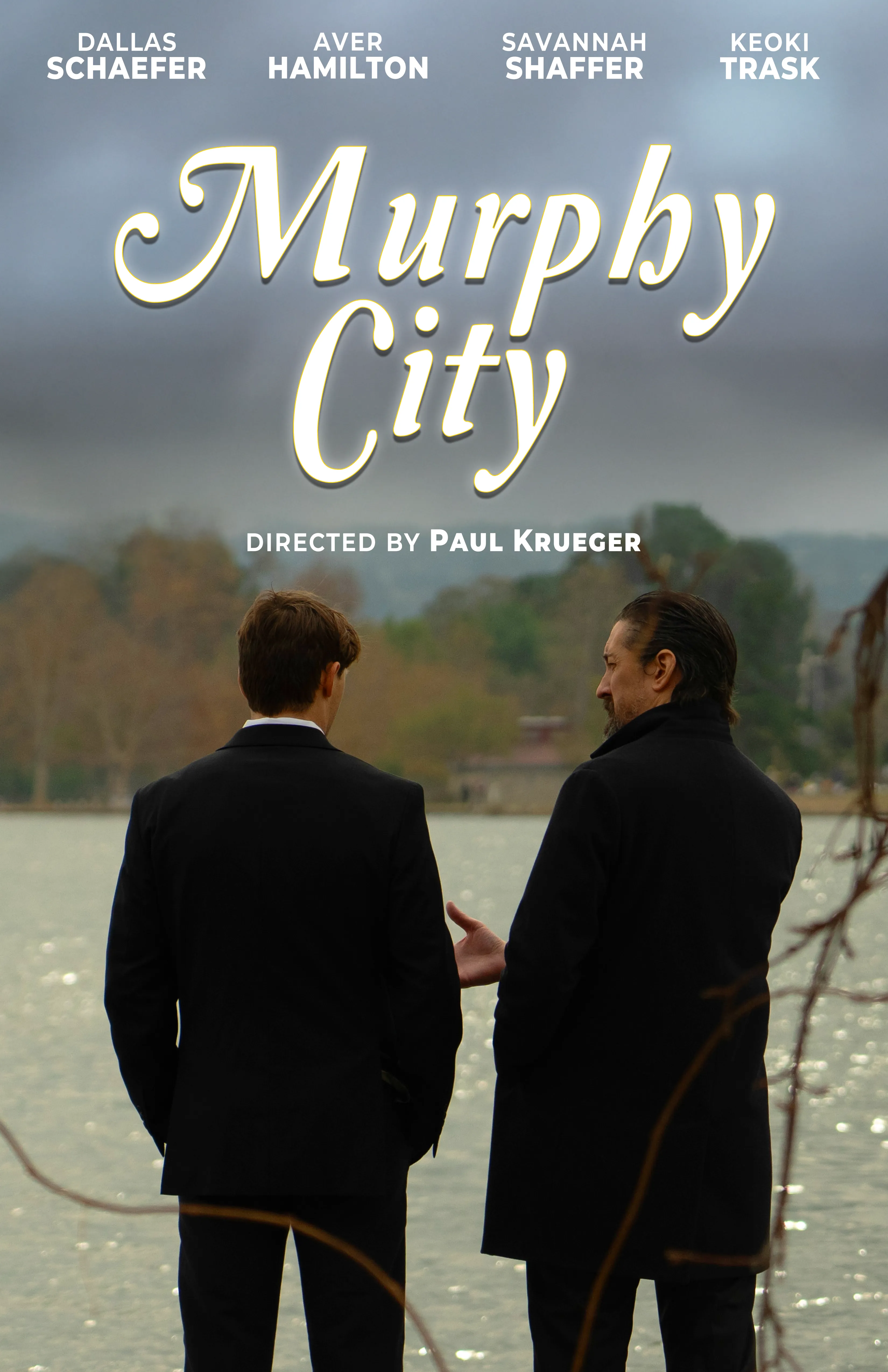 Murphy City poster: two men in dark coats facing a lake.